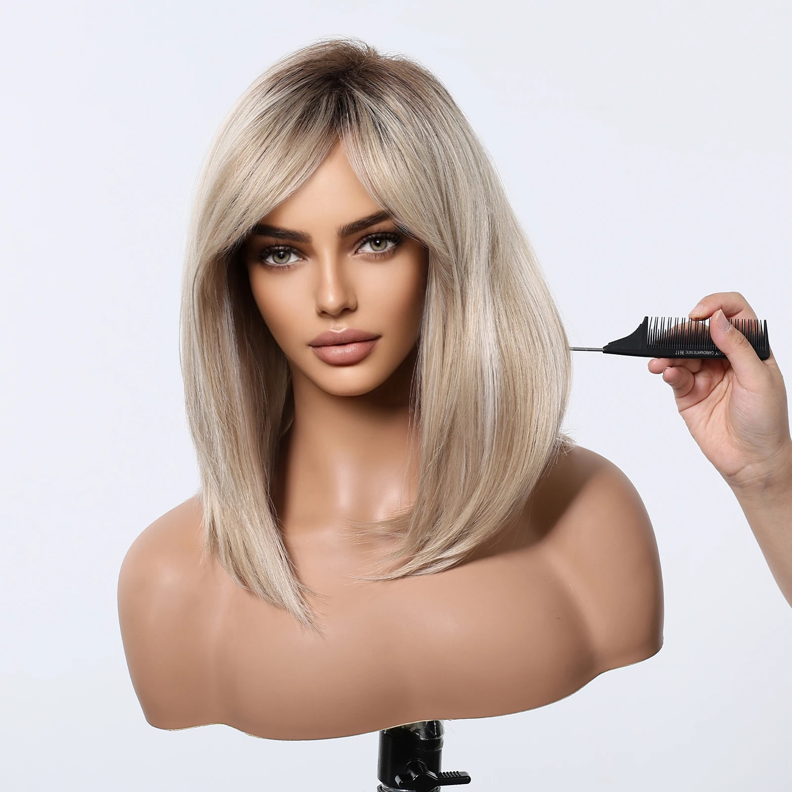 Synthetic Blonde Mixed Platinum Straight Wigs Medium Length Dark Root Wig With Bangs for Women Daily Party Heat Resistant image 5
