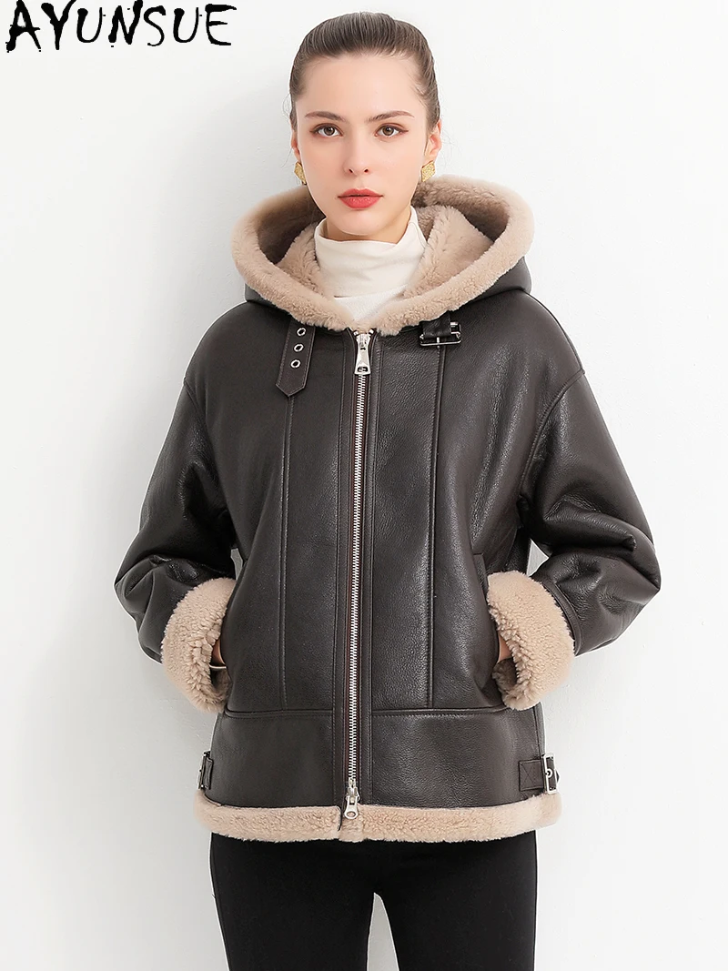 AYUNSUE 2025 Nowa kurtka z polaru damskiego 100% naturalna wełna Kurtki z kapturem dla kobiet Odzież Merino Futrzana kurtka damska Кофта С Мехом