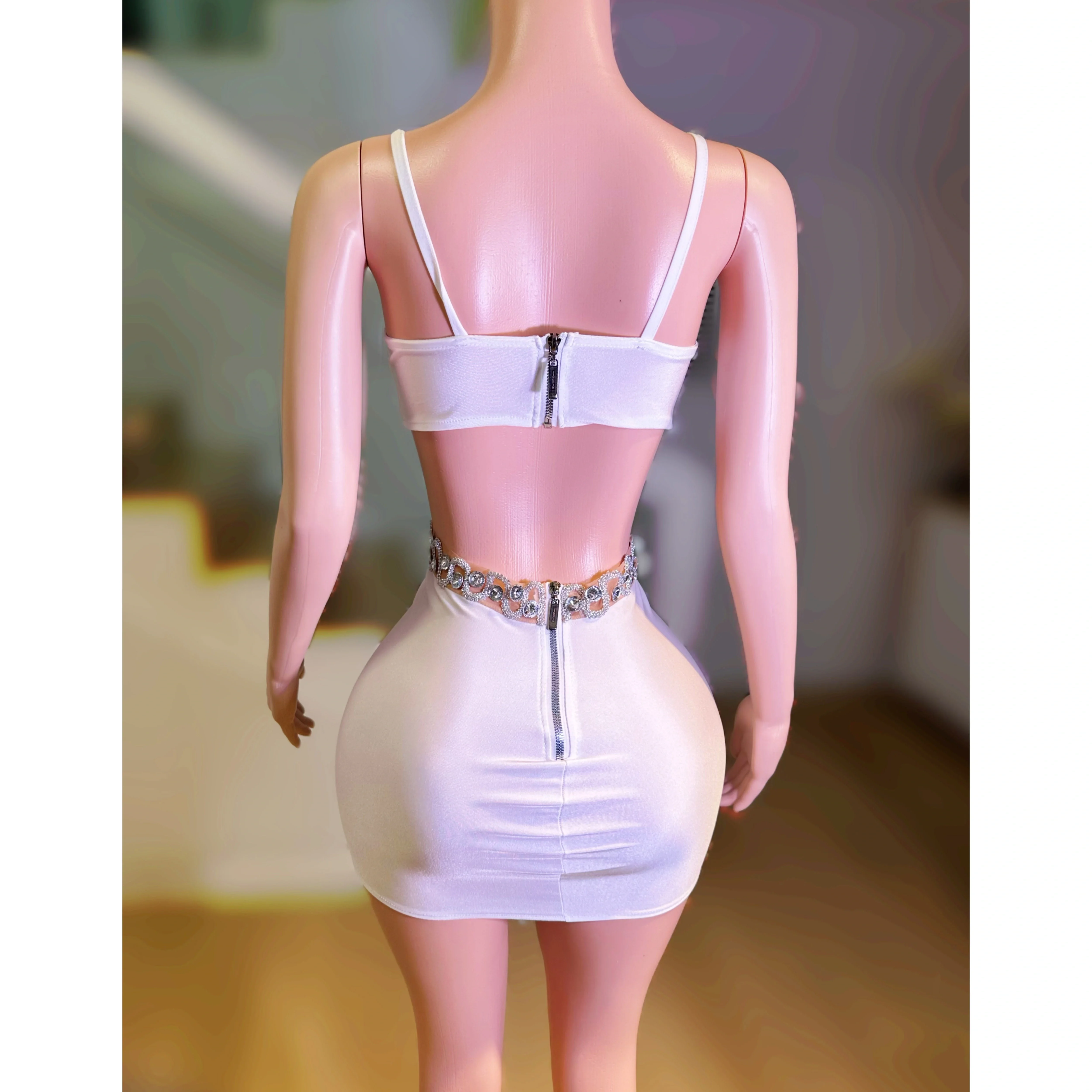 Femmes Sexy Mini robe Bar discothèque taille creuse dos nu strass chaîne robe courte fête d'anniversaire Club Concert scène Costume