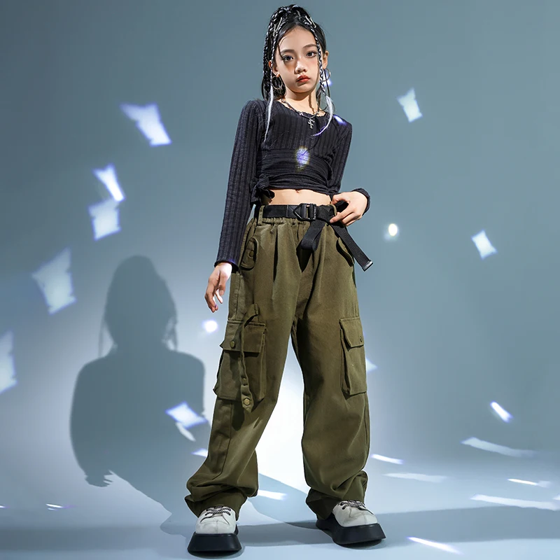 Girls Showing Streetwear Children Hip Hop Crop Top Army Green Cargo Pants Clothes Sets Kids Street Dance Jazz Stage Costumes