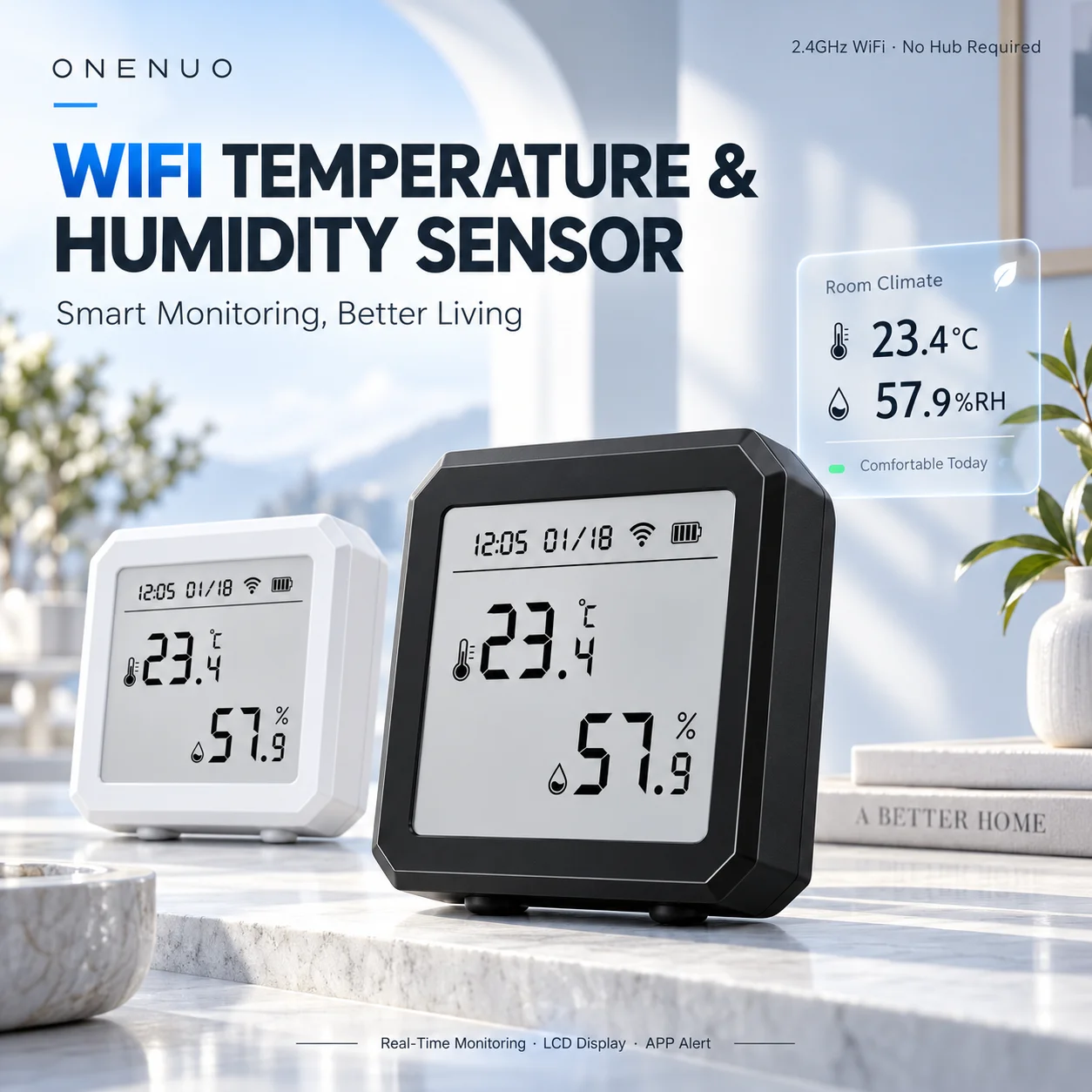 WiFi Digital Thermo-Hygro Sensor Tuya Hygrometer Thermometer with LCD Display Low Battery Warning Alexa Google Voice Compatible