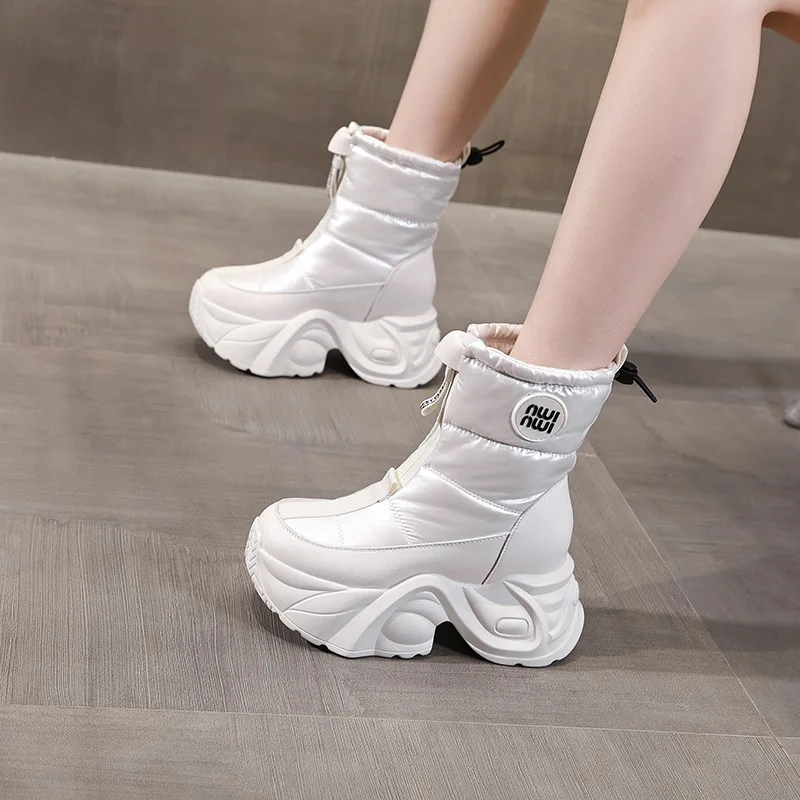 

Зимние женские меховые зимние ботинки, сохраняющие тепло, массивные короткие ботинки, уличная плюшевая обувь до середины икры, нескользящие кожаные кроссовки на платформе 10 см