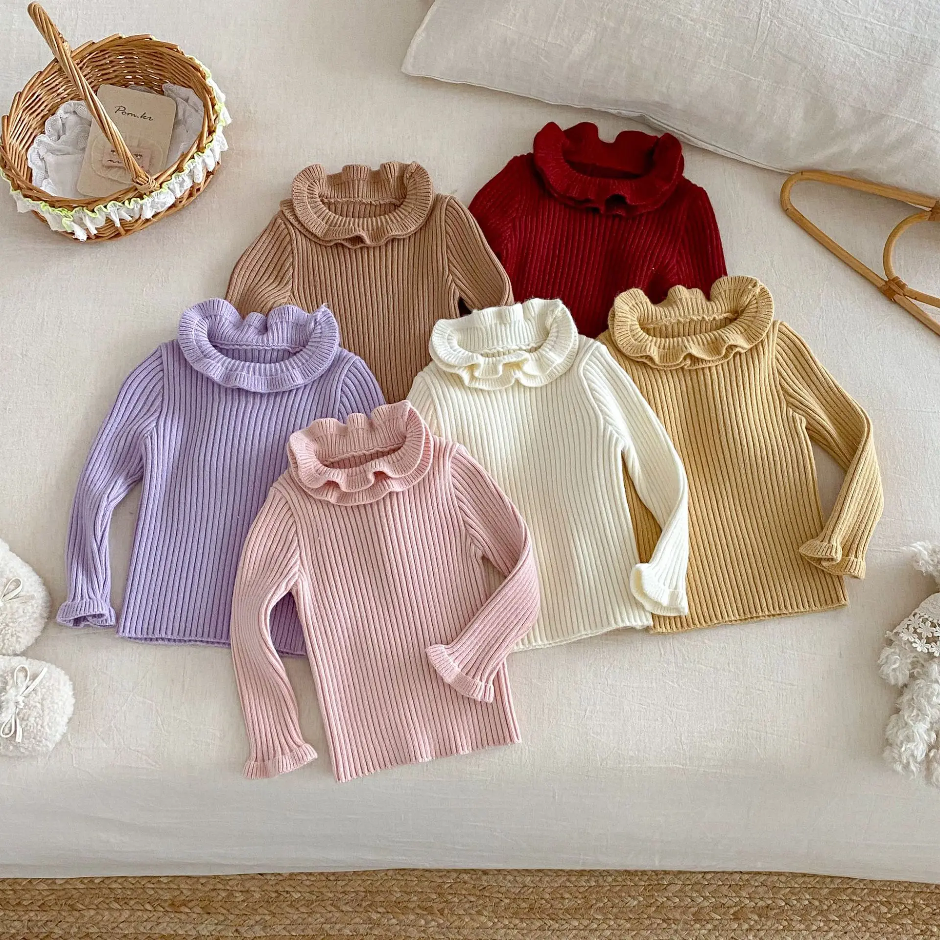 Girl Ruffle Turtleneck Sweater 0-5Y Thickened Knit Inner Top Kids Soft Skin-Friendly Long Sleeve Pullover Autumn Winter Clothes