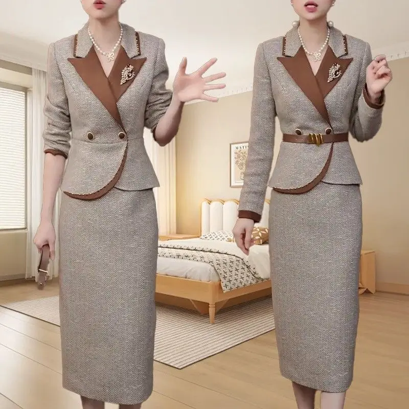 Autumn and winter new fashionable suit top+dress high-end elegant slim fit temperament goddess two-piece set