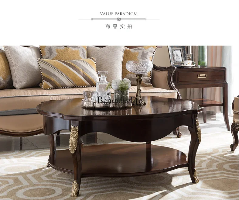 

yj21 American rural solid wood oval coffee table European light luxury carving gold painting postmodern simple beauty
