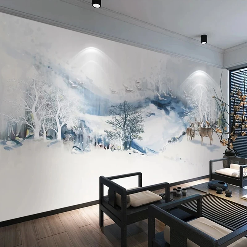 Custom 3D Mural Wallpaper Chinese Abstract Ink Mountain Water Bird Elk Study Bedroom Living room sofa TV background restaurant