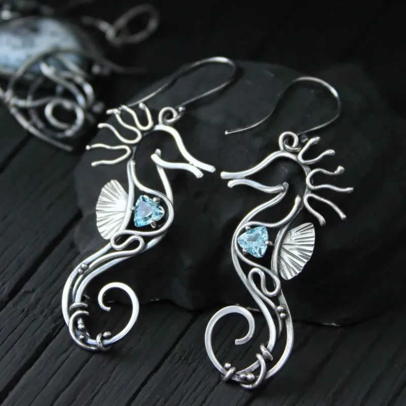 Silvery Metal Seahorse Pendant Earrings, Women's Creative Blue Zircon Earrings, Holiday Party Personalized Earrings