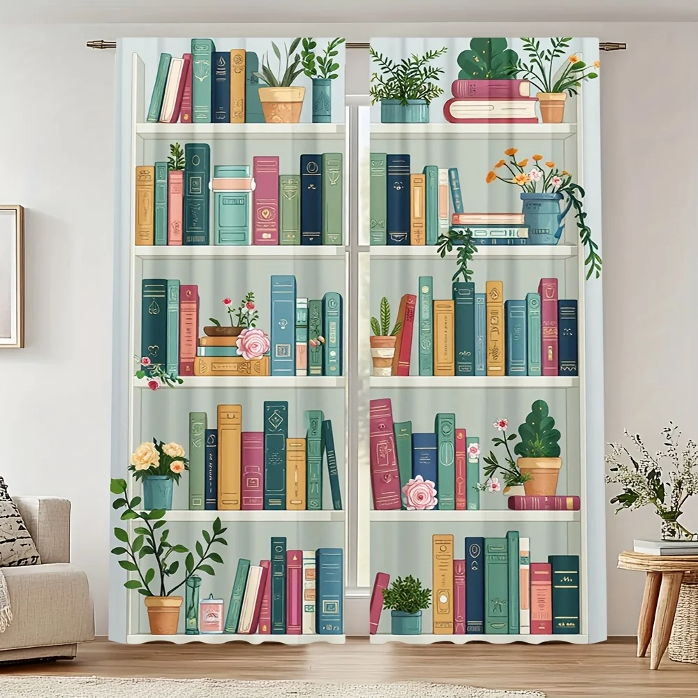 2PCS Minimalist Curtains, Bookshelf Book Plant Reading, Digital Print, Bedroom Living Room, Rod Pocket Polyester, Home Decor