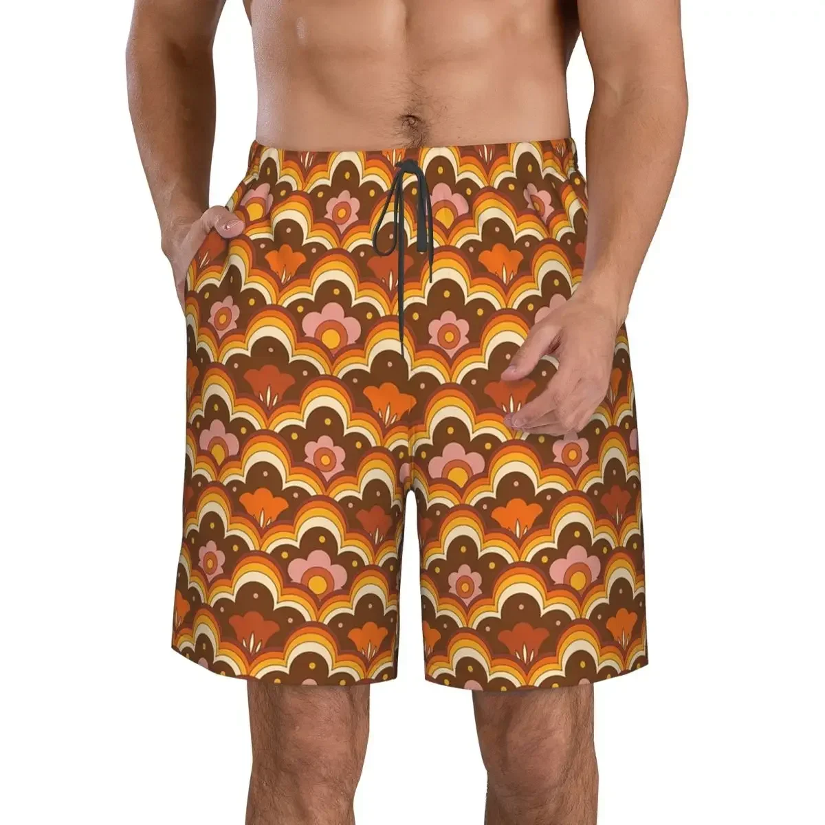 70s 60s Retro Psychedelic Flower Power, Floral Pattern Trunks Beach Board Shorts Casual Quick Dry Swim Summer Men Pants