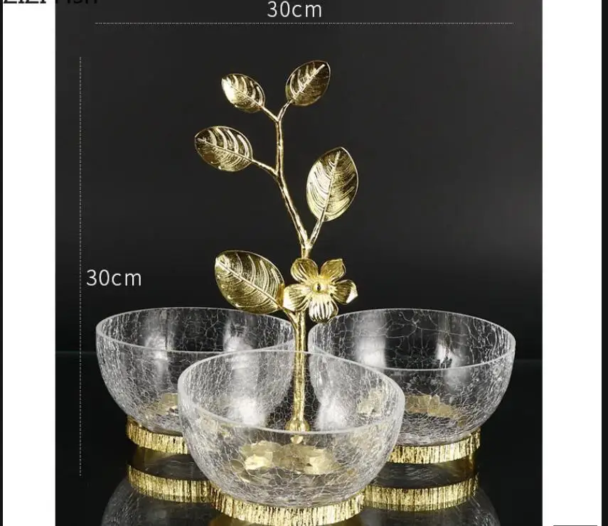 Divided Fruit Plate Light Luxury Metal Glass Birthday Party Nut Candy Snack Home Decorative Tableware