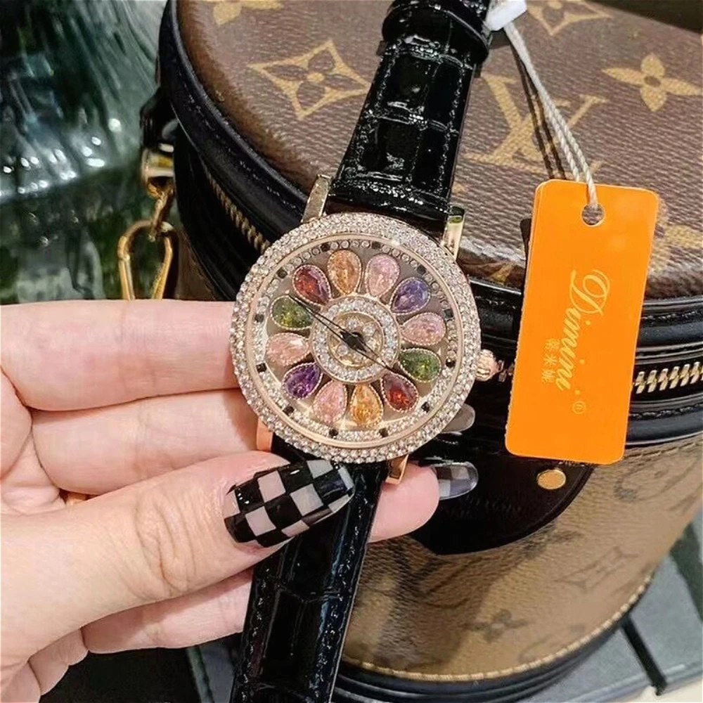 The Time Rotating Watch Dimini Large Dial Women Watches Starry Full Diamond Rhinestone Leather Strap Fashion Women\'s Watch