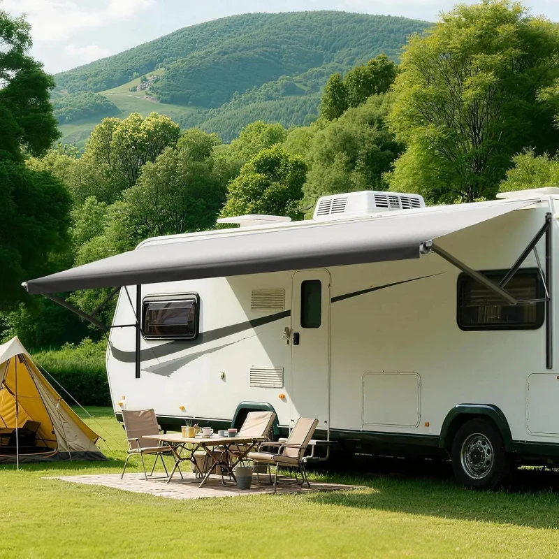 20FT Electric RV Awning Kit w/ Motor & Crank Adjustable Arms Waterproof Canopy Trailer Motorhome