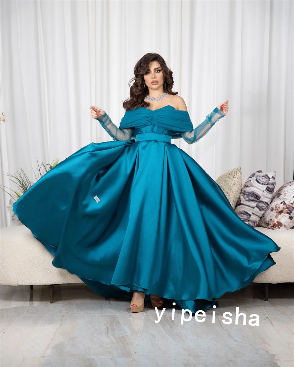 Ball Dress Saudi Arabia Prom Satin Pleat Formal Evening A-line Off-the-shoulder Bespoke Occasion  Anke Length