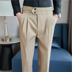 Pantalones de cintura alta de estilo británico para hombre, traje ajustado, diseño de cinturón, oficina, Social, boda, fiesta, Formal, Otoño, nuevo