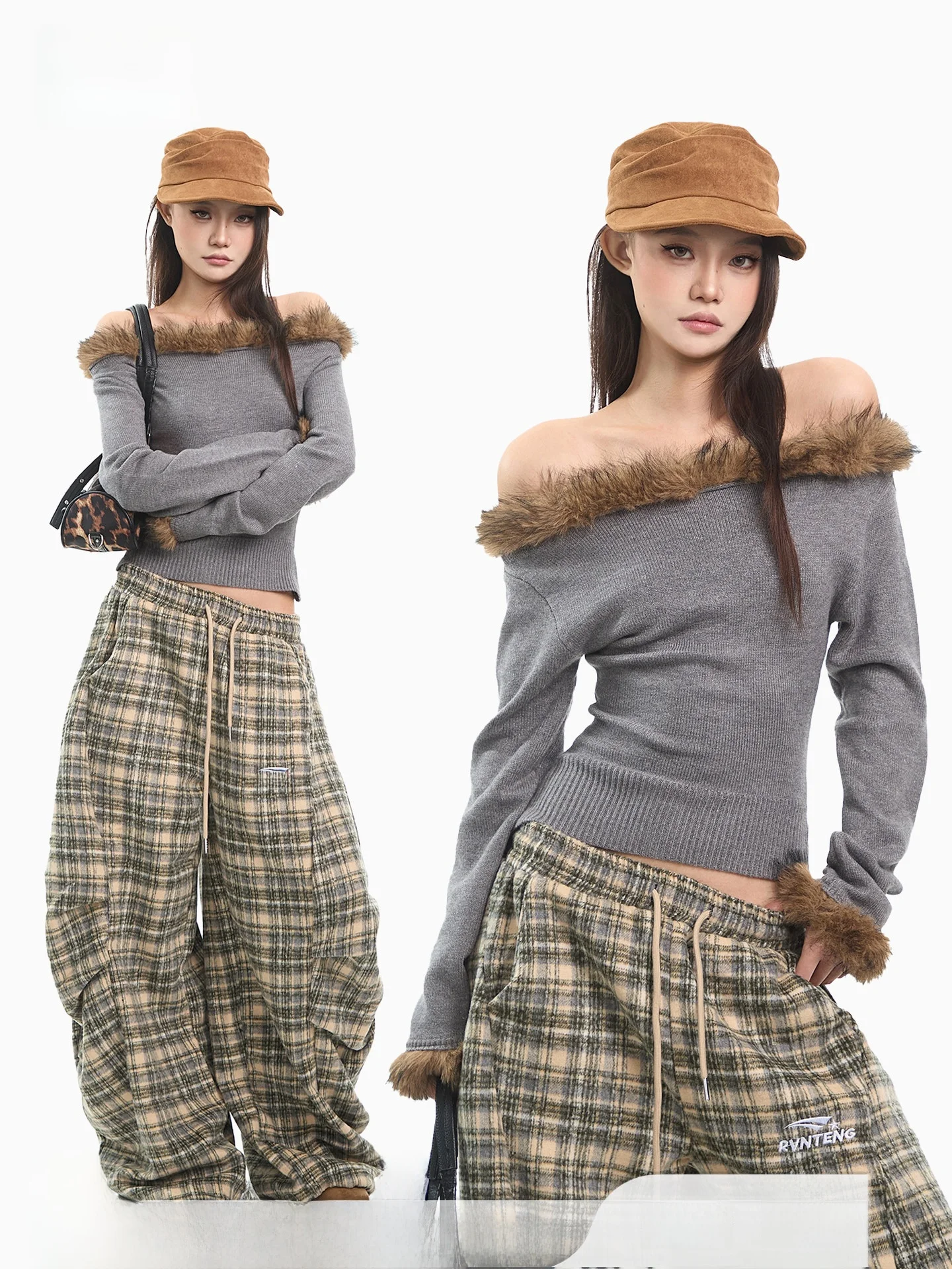 

Вязаный свитер с меховым воротником на одно плечо, женский зимний облегающий топ с открытым плечом, модный стиль для девушек