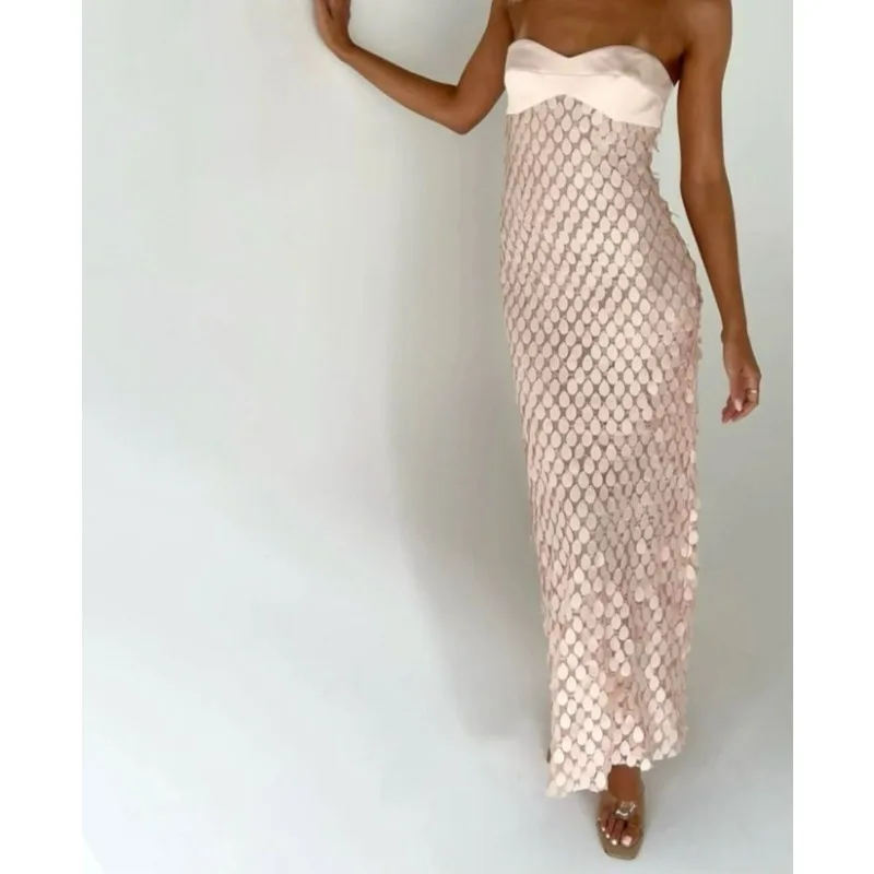 Spring and Summer New Tube Top Texture Fabric Lace Beads Backless Long Dress Exquisite Simple Casual Fashion Trend Temperament