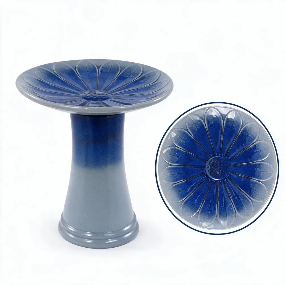 Ceramic Pedestal Bird Bath for Outside 18 x 17 Inch Blue + Grey