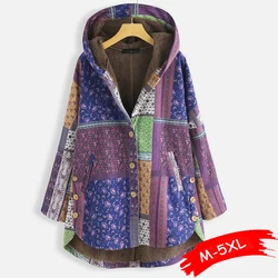 Casual Ethnic Print Fleece Hooded Retro Boho Cotton Jacket Parkas Warm Coat Women Outwear Oversize Loose Winter Clothes