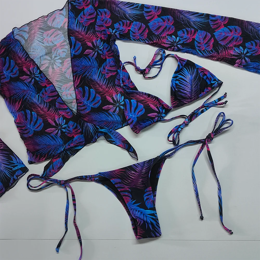 

LENITIVE FASHION 3pcs /set ,bikini set soft finish fabric purple print