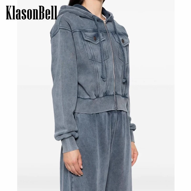 

5.20 KlasonBell Fashion Washed Distressed Drawstring Hooded Zipper Sweatshirt Or Elastic Waist Wide Leg Pants Set Women