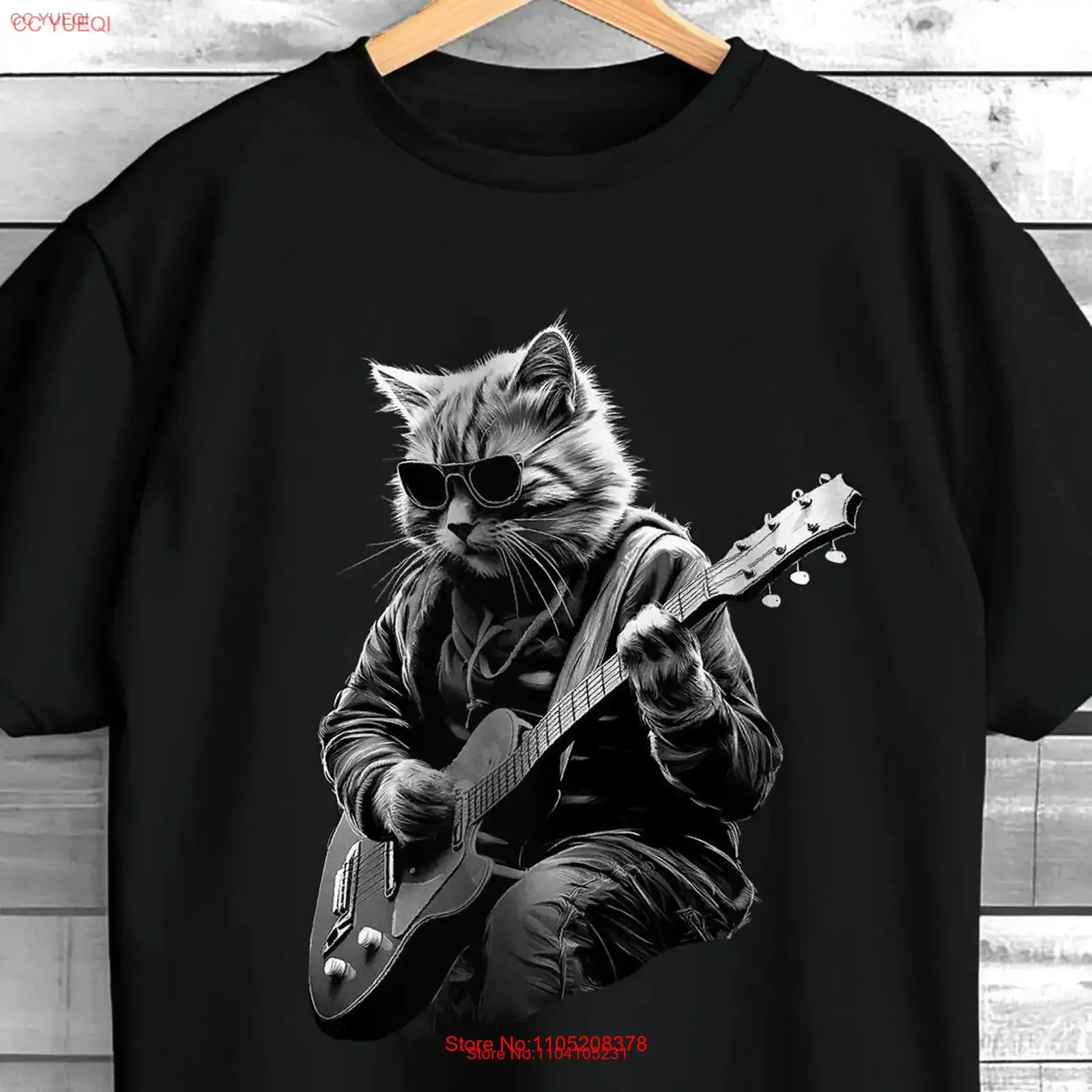 Cat Playing Guitar T Shirt Electric Player Rock and Roll Clothes Mom Dad Funny vintage Washed Casual Breathable