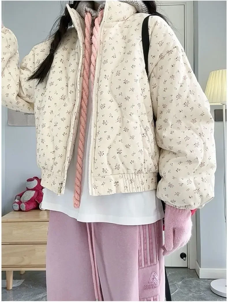 Kimotimo Floral Parkas Jacket Women 2024 Winter Sweet Printed Zipper Cotton Bread Coats Korean Fashion Preppy Warm Short Tops