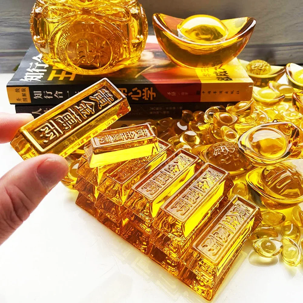 Artificial Crystal Glass Gold Bars Chinese Style Lucky Wealth Feng Shui Ornament Paperweight Photography Props Home Decor Gift