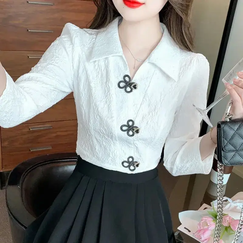 Office Lady Peter Pan Collar Solid Color Pullover Women\'s Long Sleeve Rivet T-shirt Elegant Spring Autumn Flattering Tops