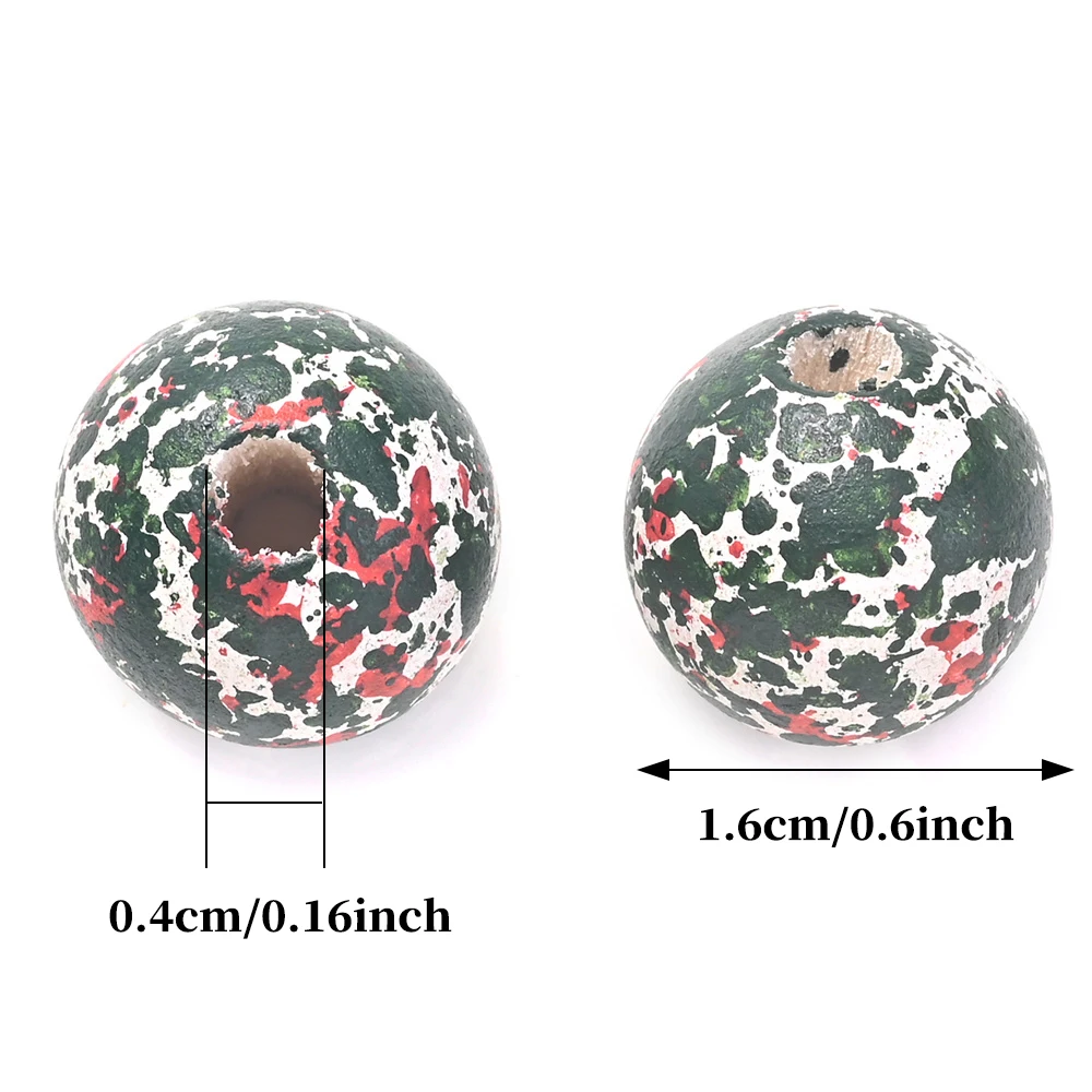 16mm 10 Stück Weihnachts-Holzperlen mit bemaltem Rot-Grün-Splatter-Graffiti, Vintage-Optik, große Löcher für DIY-Bastelarbeiten und Girlandenherstellung – Detail 4
