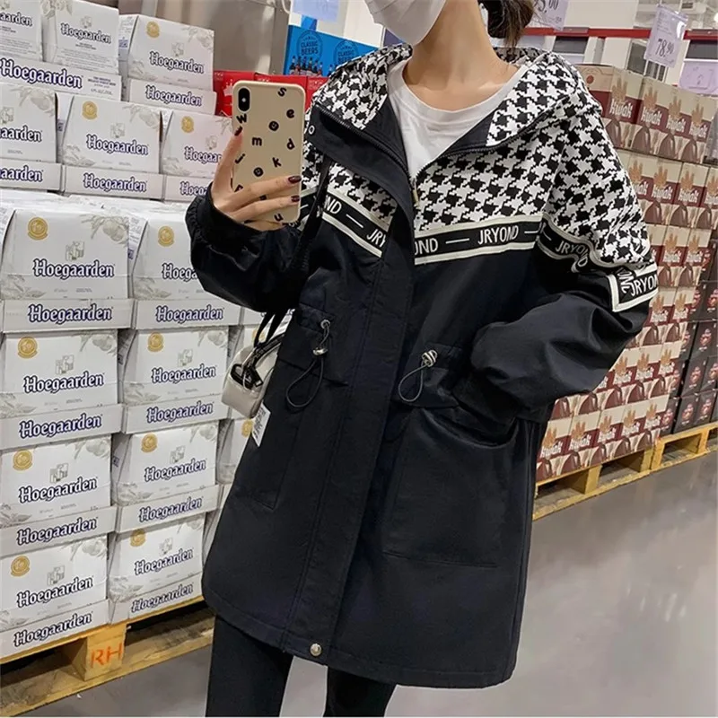 2023 Autumn Women Hooded Trench Coat Houndstooth Print Fashion Spliced Windbreaker Oversize Loose Black Long Trench Coat Female