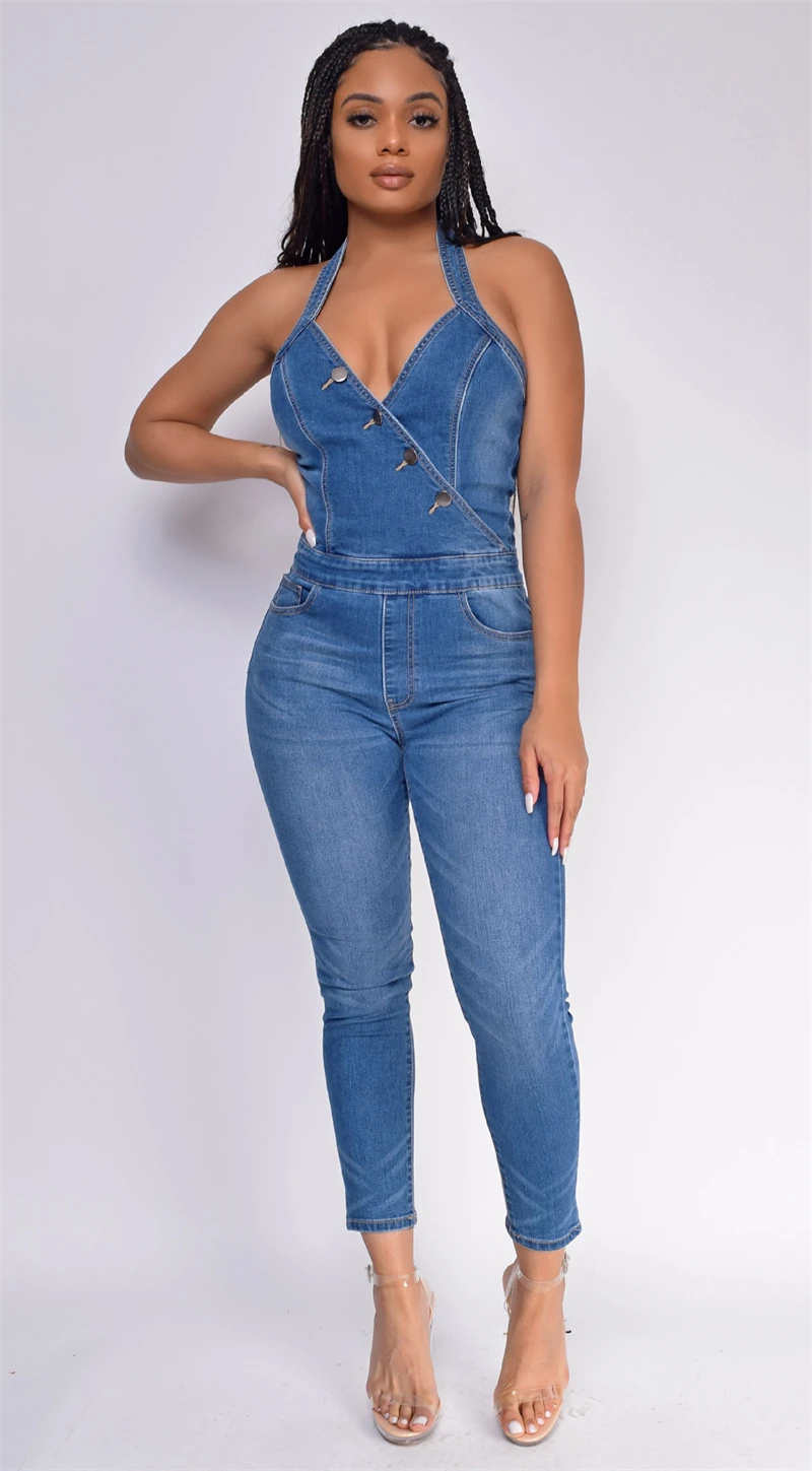 

Street Halter Jean Jumpsuits Women Summer Clothes Sleeveless Backless Dnim Rompers Playsuits One Pieces Catsuit Overalls Outfits