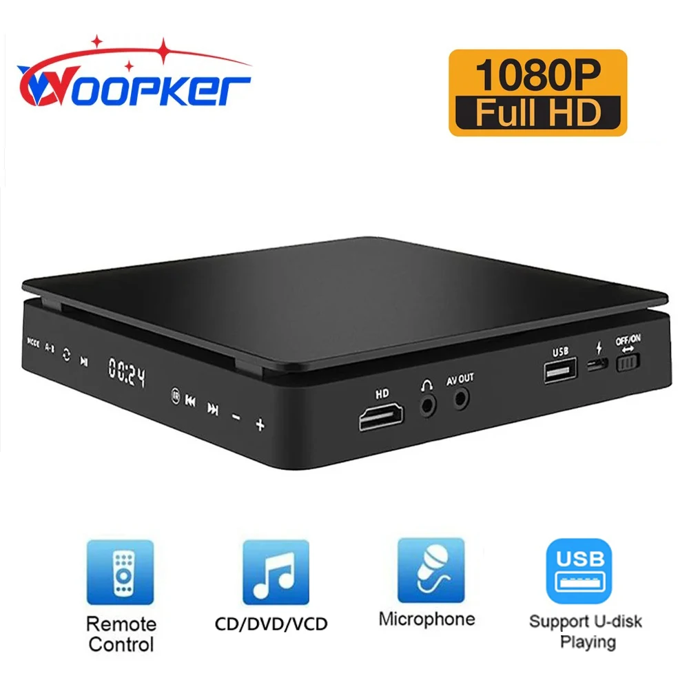 

Woopker Portable DVD Player KC-708 1080p HD Video Support HD Cable and AV Connected USB Input CD VCD Player for TV Projectors