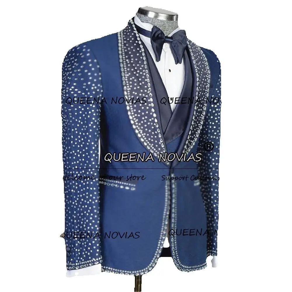 Luxury Jewelry Stones Groom Wedding Suits 3 Pieces Sets Shawl Lapel Prom Blazers Customized Male Fashion Beaded Tuxedos Outfits