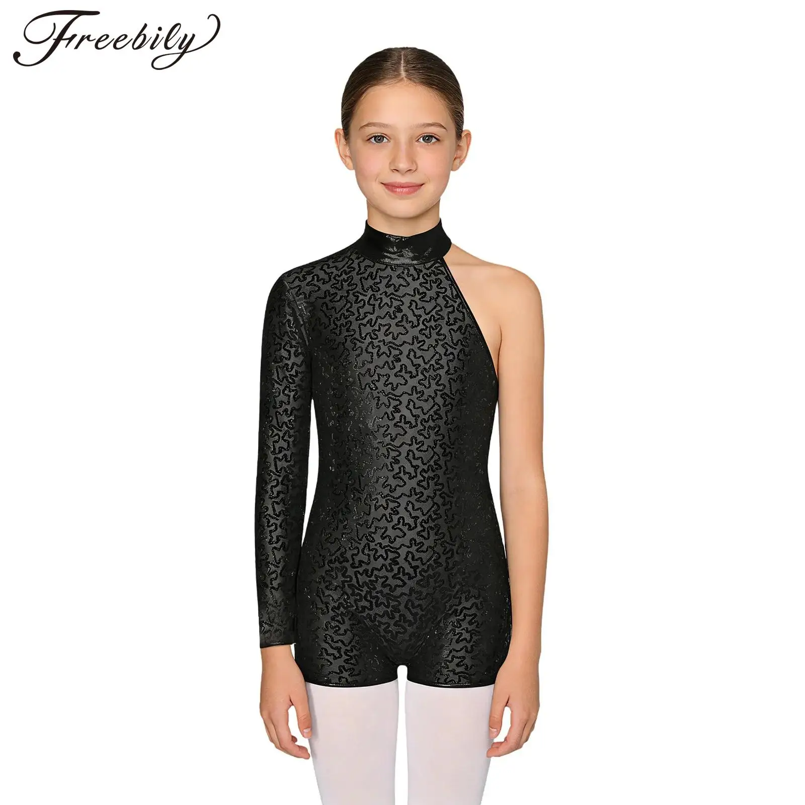 

Детский комбинезон с блестками для девочек, балетное гимнастическое трико, танцевальная одежда для вечеринок, танцевальная одежда с одним рукавом, боди для чача-джаза, латинского танца