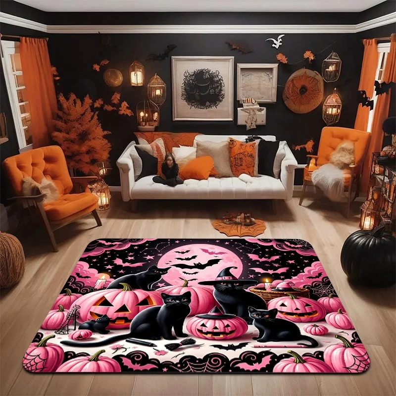 Pink Pumpkin Black Cat Bat Purple Moon Halloween Area Rug Non Slip Soft Floor Carpet For Bedroom Living Room Party Decor