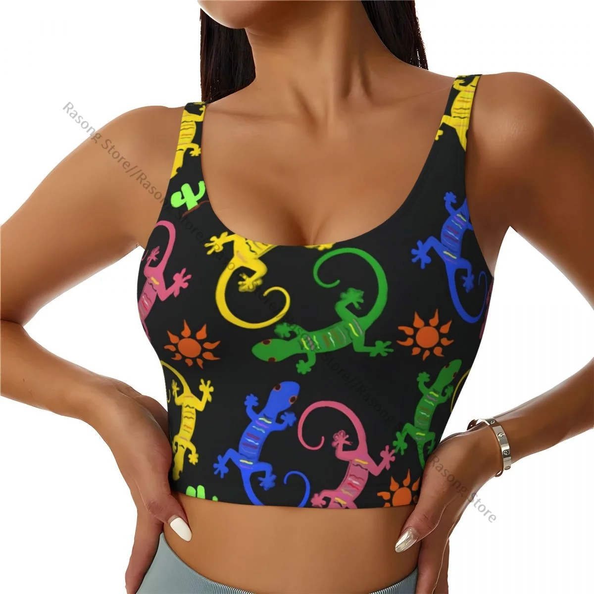 Yoga Vest Women Gym Sports Crop Tops Colorful Lizards Illustration Streetwear Workout Breathable Tank Top Female