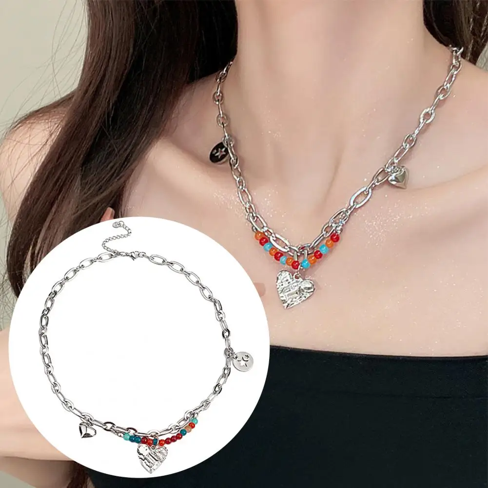 Adjustable Extended Chain Necklace Colorful Beads Heart Pendant Choker Necklace with Adjustable Chain Women's Short Necklace