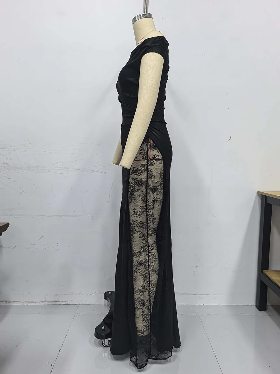 TWOTWINSTYLE الصلبة شير تقسم الدانتيل مثير فساتين طويلة للنساء قطري طوق بلا أكمام المرقعة فستان محكم الإناث جديد #5