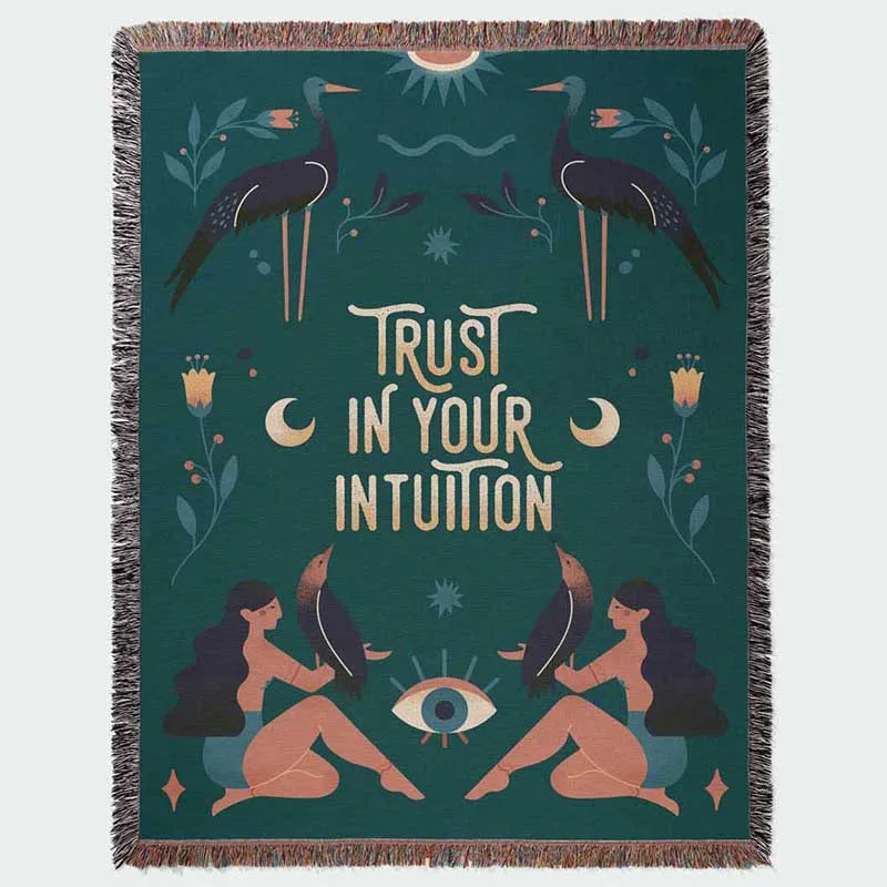 Trust Your Intuition Woven Tapestry Spiritual Boho Wall Hanging with Crane Eye Moon Design Decorative Fringed Throw Blanket
