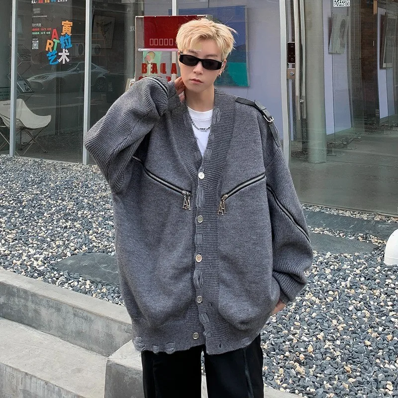 

Men's Autumn Winter Large Size Zipper V-Ne Open Cardigan Destroy Design Sense Woolen Outerwear Metal Button Long Sve Kni...