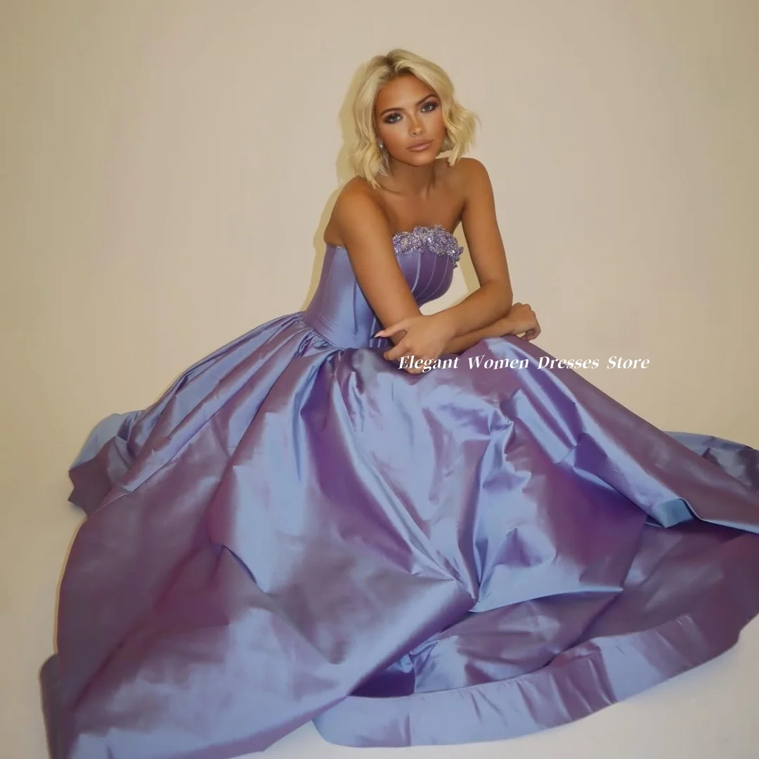 Vestido de Noche Lavanda sin Tirantes con Corsé de Cuentas, Vestido de Gala de Satén con Cola Larga, Vestido Formal para Graduación, Boda o Invitada, Personalizado