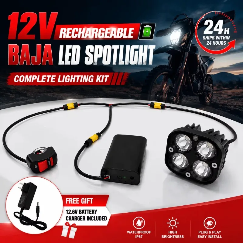 12V Baja Light LED Headlamp Rechargeable 40W Dual Beam IP67 Waterproof 4 Lens Retrofit/Upgrade Auxiliary Lighting view 2