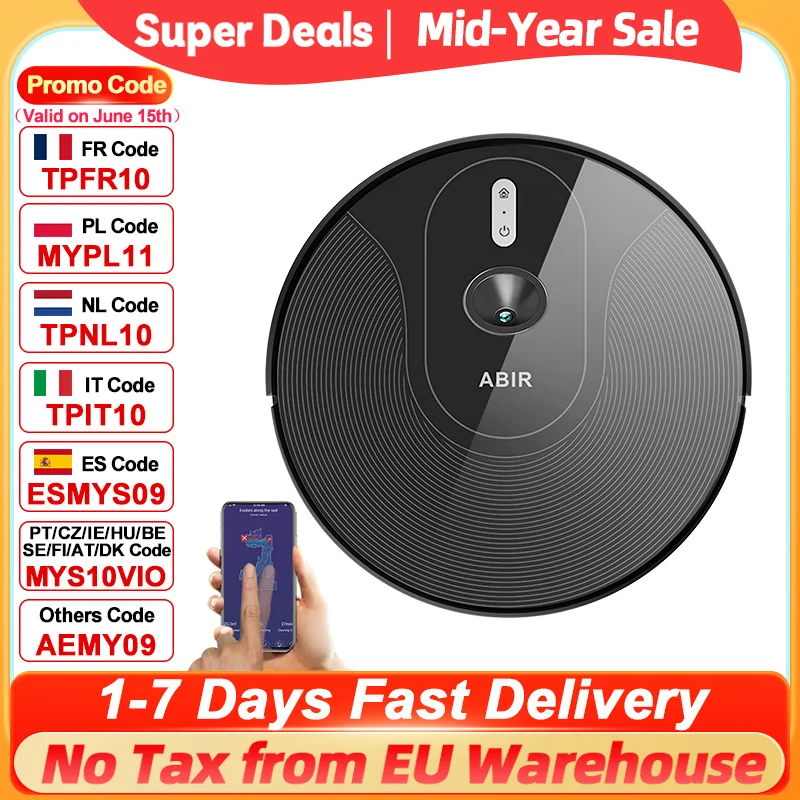 (Promocode: EU6006)ABIR X6PRO robotstofzuiger met slim oogsysteem, zuigkracht van 6000pa, software virtuele muur, zonereiniging, desinfectie van nat dweilen, kaartgeheugen, compatibel met Alexa,
