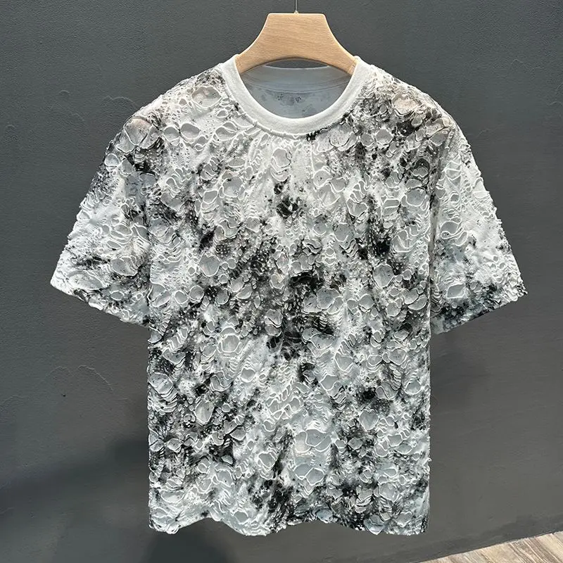 New Summer Trendy Brand T-shirt Loose Casual and Versatile Tie-dye Ripped Design Round Neck Men's Short-sleeved Top