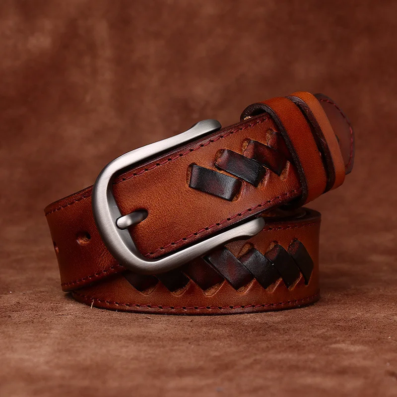 Men's Genuine Leather Woven Belt Italian Vegetable Tanned First-Layer Cowhide Retro Distressed Personalized Trendy Trousers Acce