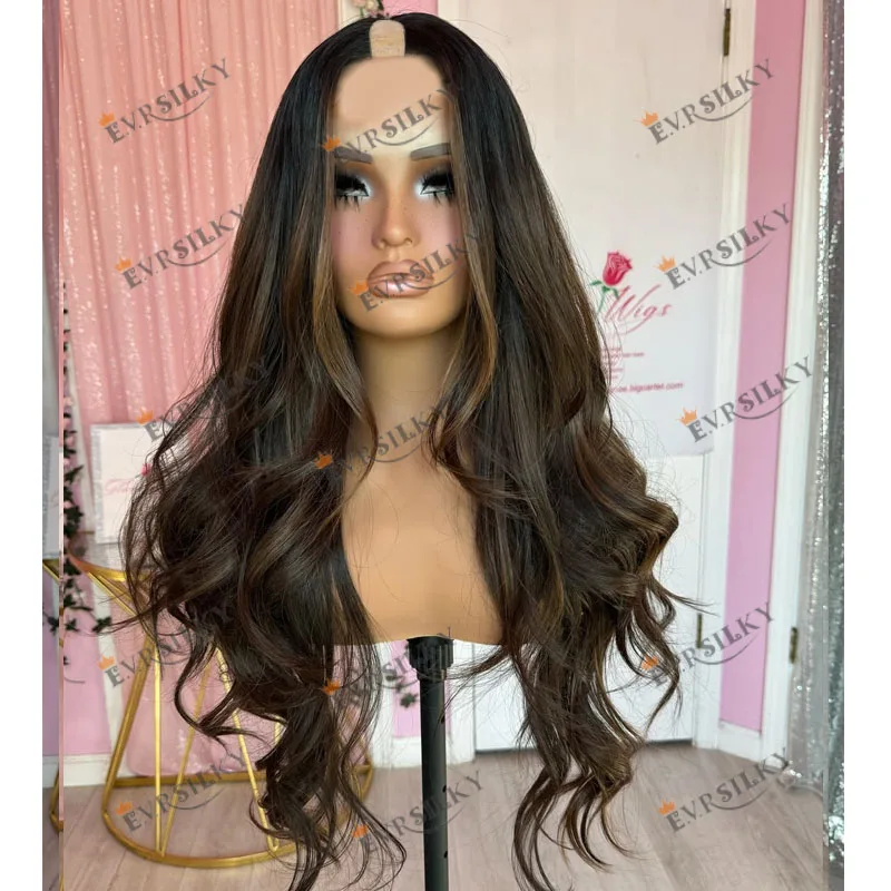 

Brazilian Human Hair Highlight Ash Brown Wavy 1x4 Size Middle U Part Wigs Easy Wear Glueless Opening V Part Wigs for Black Women