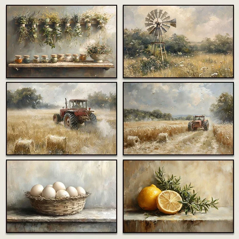 Vintage Countryside Field Tractor Dried Herbs Fruits Farming Scene Poster Canvas Painting Wall Art Pictures Home Farmhouse De