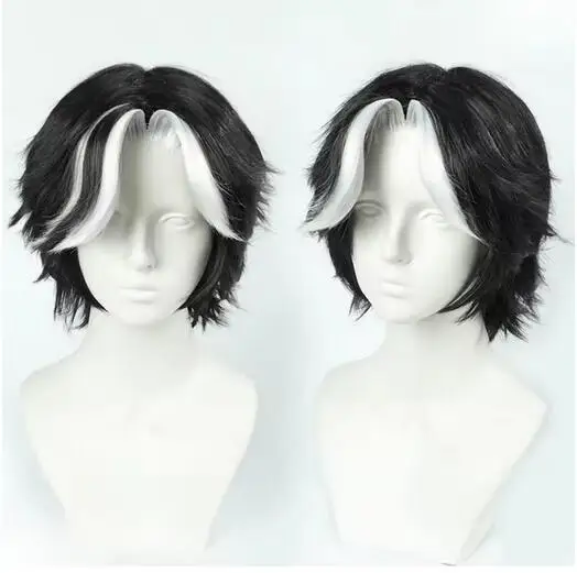 Husk Cosplay Wig Short Black White Mixed Wigs for Men Halloween Costume Role Play Heat Resistant Synthetic Hair + Wig Cap