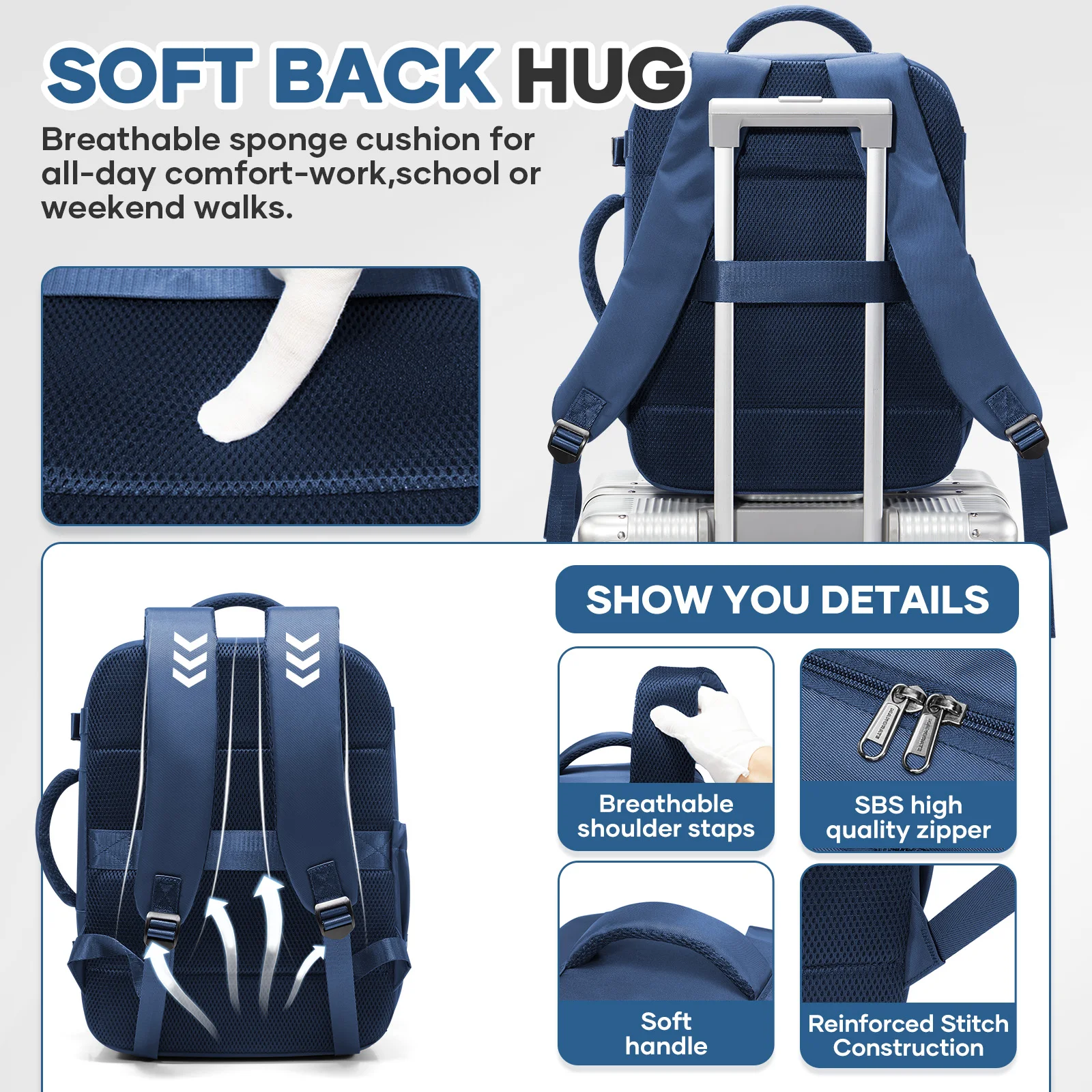 حقائب Ryanair Cabin مقاس 40 × 30 × 20 حقيبة ظهر للسفر تحت المقعد، حقيبة ظهر مريحة للرجال في الهواء الطلق حقيبة ظهر للأعمال حقيبة تخزين للكمبيوتر المحمول