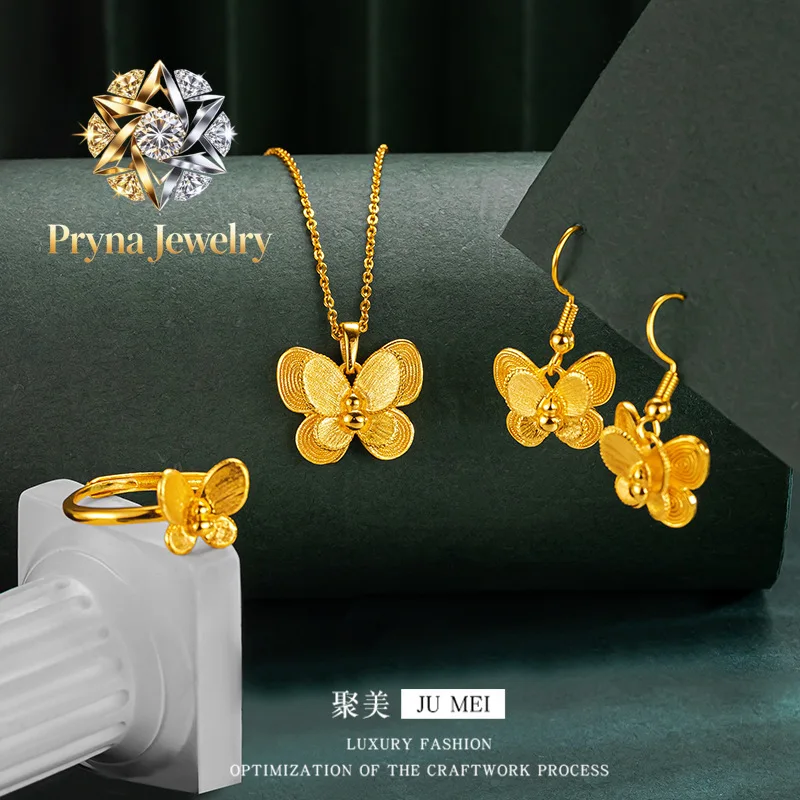 

Pryna Jewelry Luxury 24K 9999 Pure Gold real gold Brushed Double Butterfly Pendant Three-dimensional Pendant Necklace